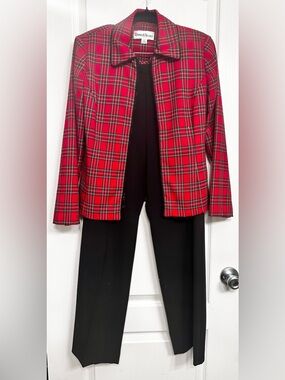 DANNY & NICOLE 2PC Red Plaid Zip Up Jacket With Black Pants